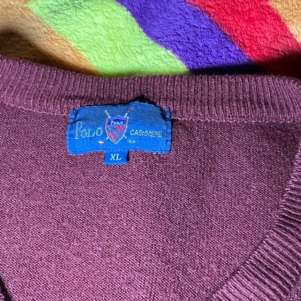 Vintage Polo Cashmere Mens V Neck Sweater Maroon Golf Crest Logo Size XL